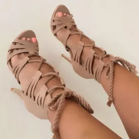 Apricot Peep Toe Cutout Strap High Heel Sandals