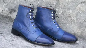 Awesome Handmade Men's Blue Leather Cap Toe Lace Up Boots, Men Fashion Ankle Boots