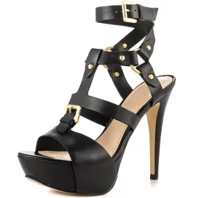 Black Leather Cutout Platform Open Toe High Heel Sandals