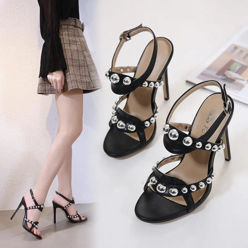 Black PU Open Toe Buckle Embellished High Heel Sandals