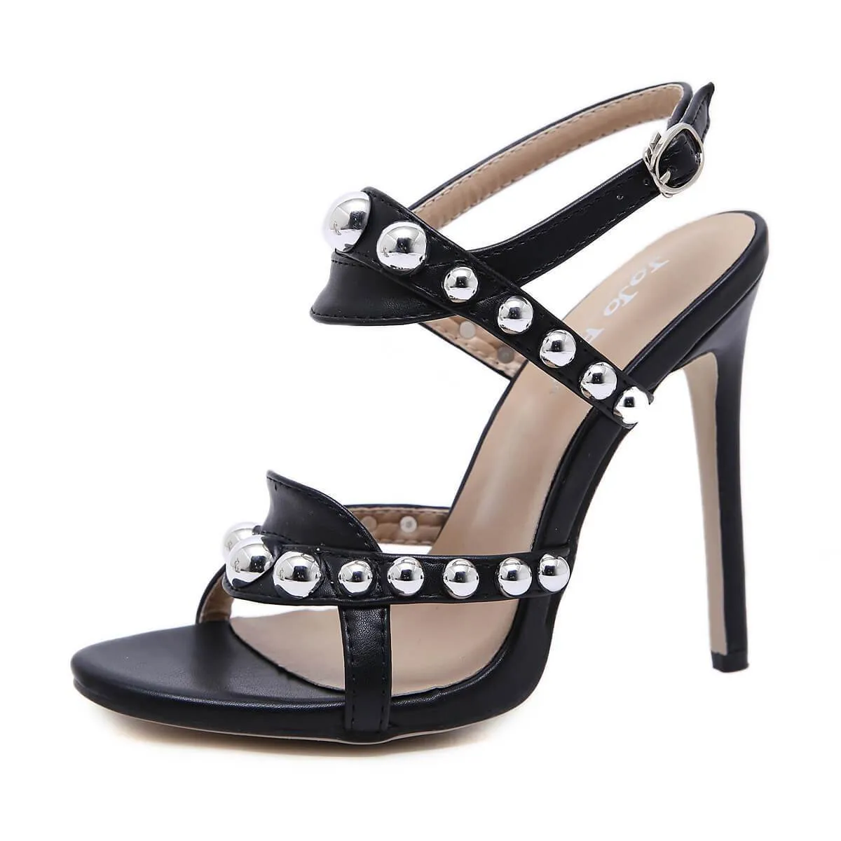 Black PU Open Toe Buckle Embellished High Heel Sandals