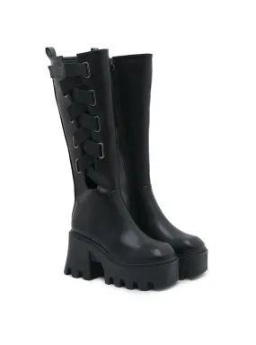 Black Round-headed Cross-strap Thick-soled Boots