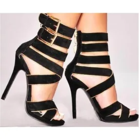 Black Suede High Heel Buckle Sandals