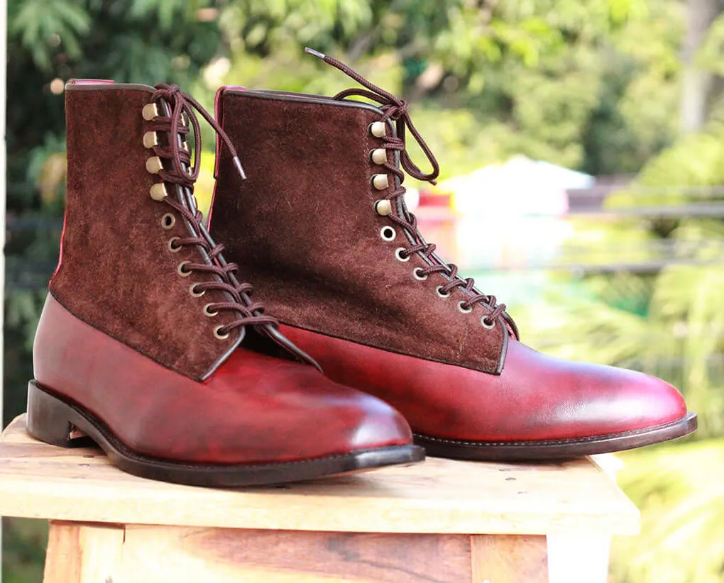 Handmade Men Burgundy Leather Brown Suede Ankle Boots, Men Designer Dress Formal Boots