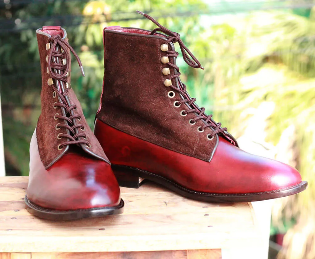 Handmade Men Burgundy Leather Brown Suede Ankle Boots, Men Designer Dress Formal Boots