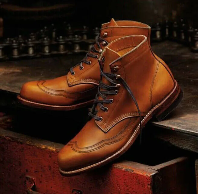 Handmade Men Wingtip Tan Color Ankle Boots, Ankle Leather Boots, Men Long Boots