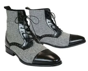 Handmade Men's Leather & Tweed Boots, Black and Gray ankle lace up boots For Men