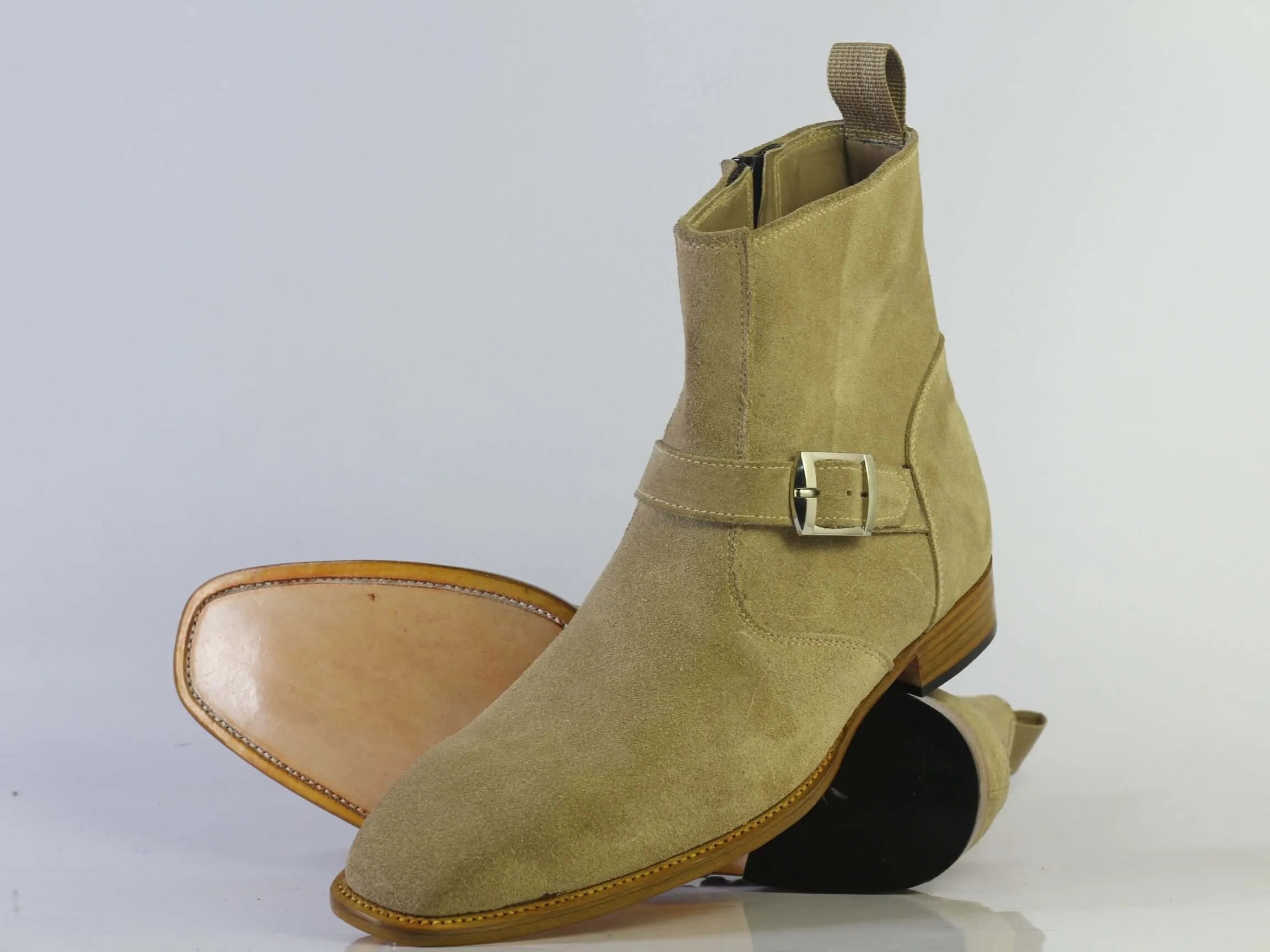 Handmade Men's Suede Beige Jodhpurs Boots, Men Monk Strap & Zipper Designer Boots