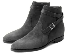 New Men's Handmade Gray Suede Ankle High Buckle Strap Boots, Custom Made Men Boots