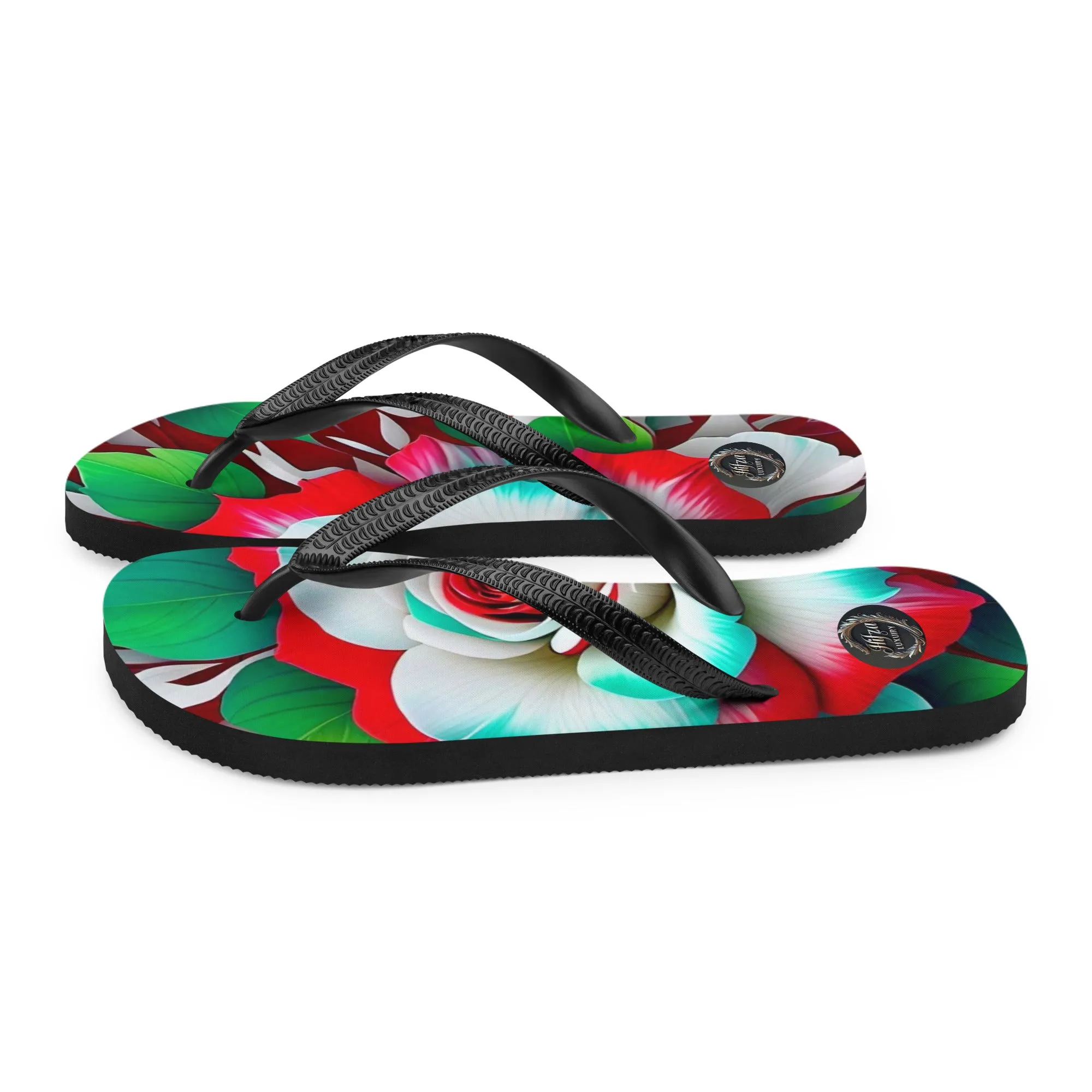 Pink rose and green leaf design Flip-Flops