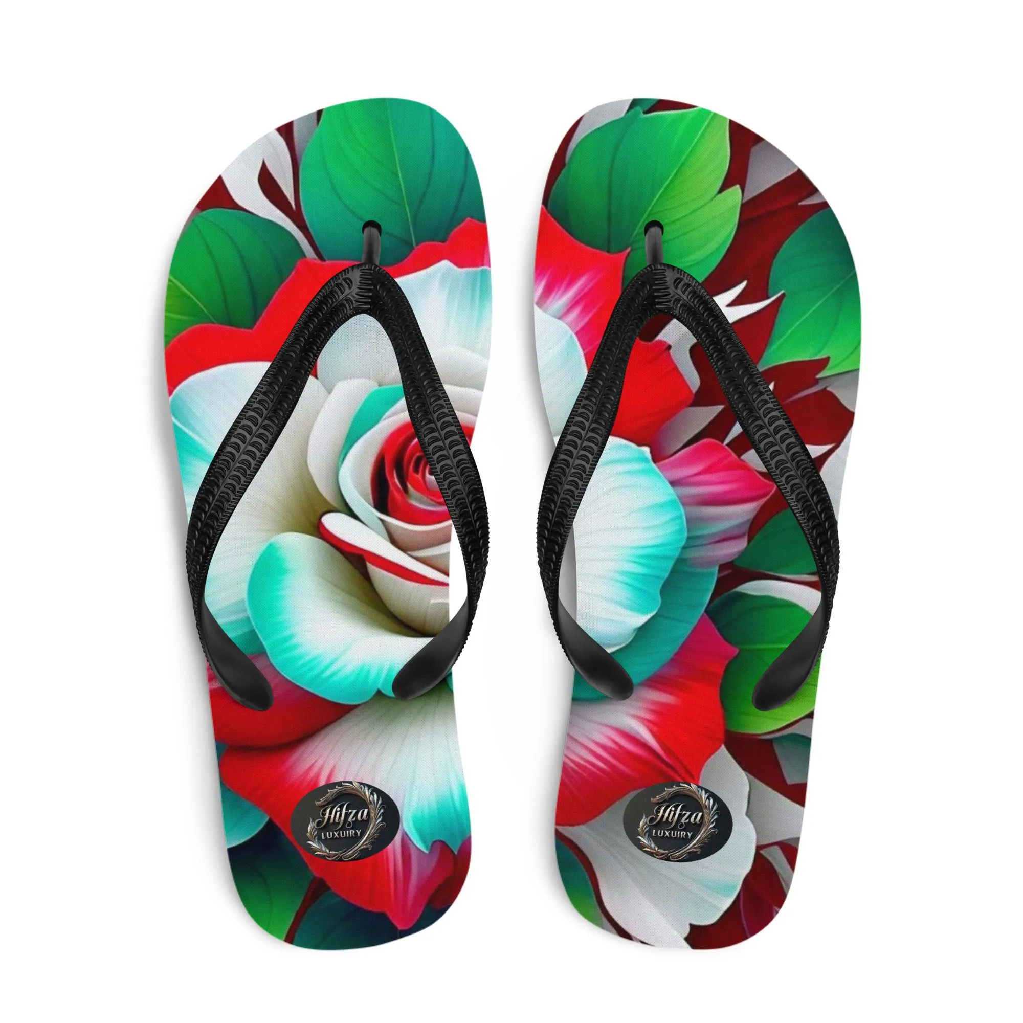 Pink rose and green leaf design Flip-Flops