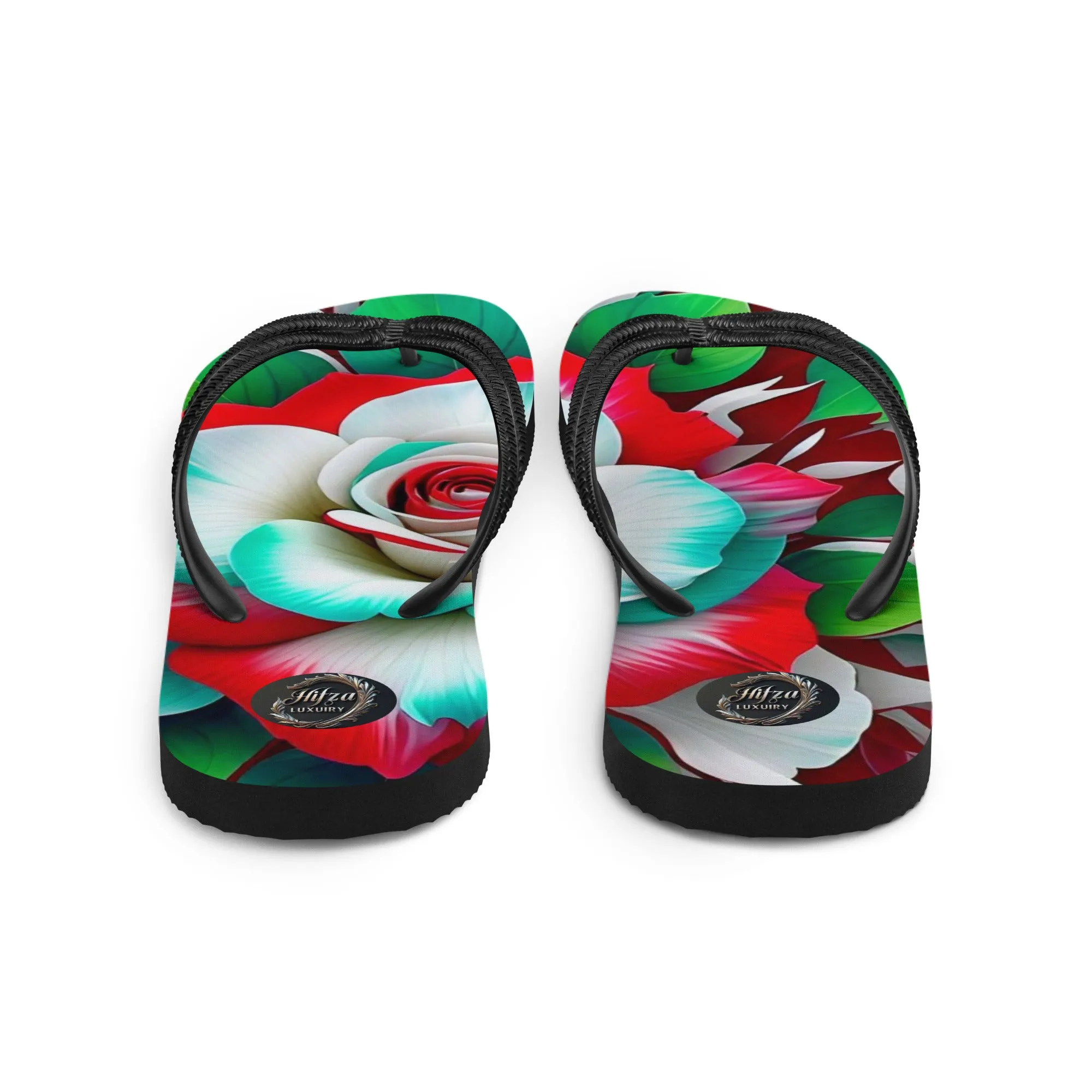 Pink rose and green leaf design Flip-Flops