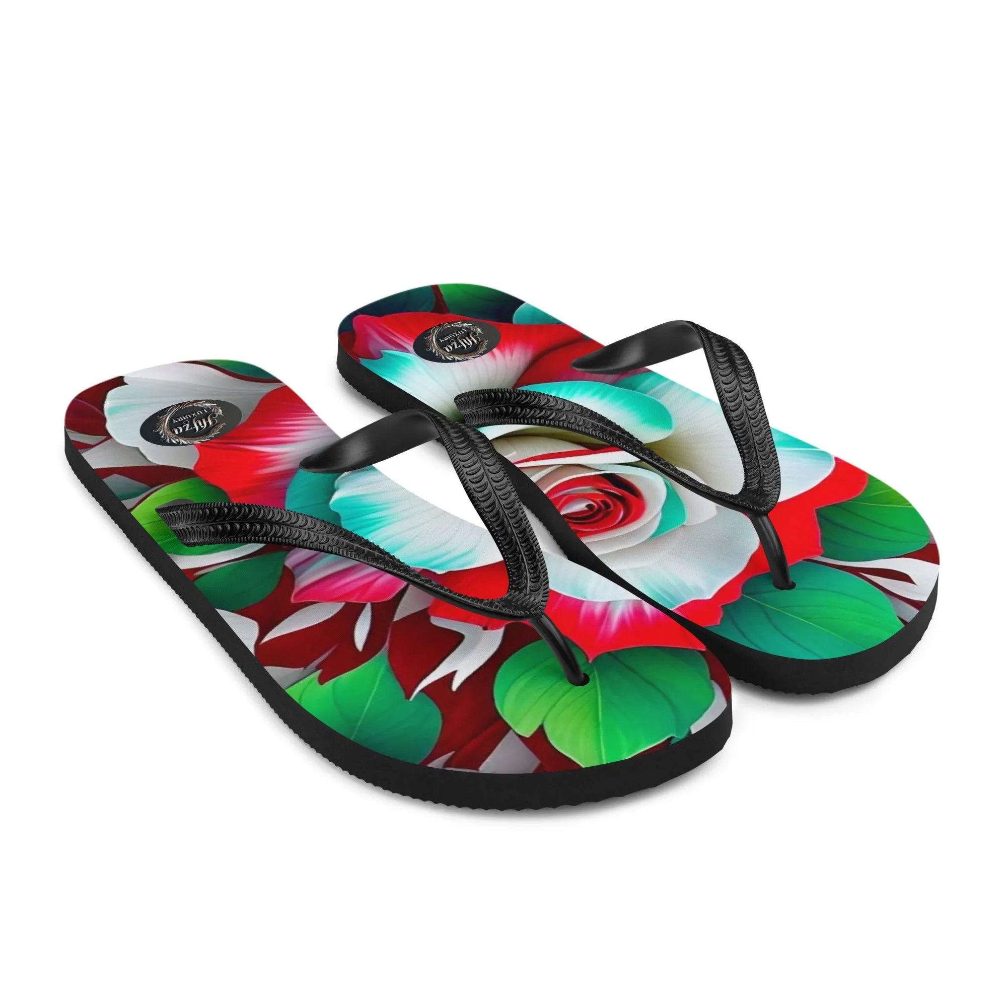 Pink rose and green leaf design Flip-Flops