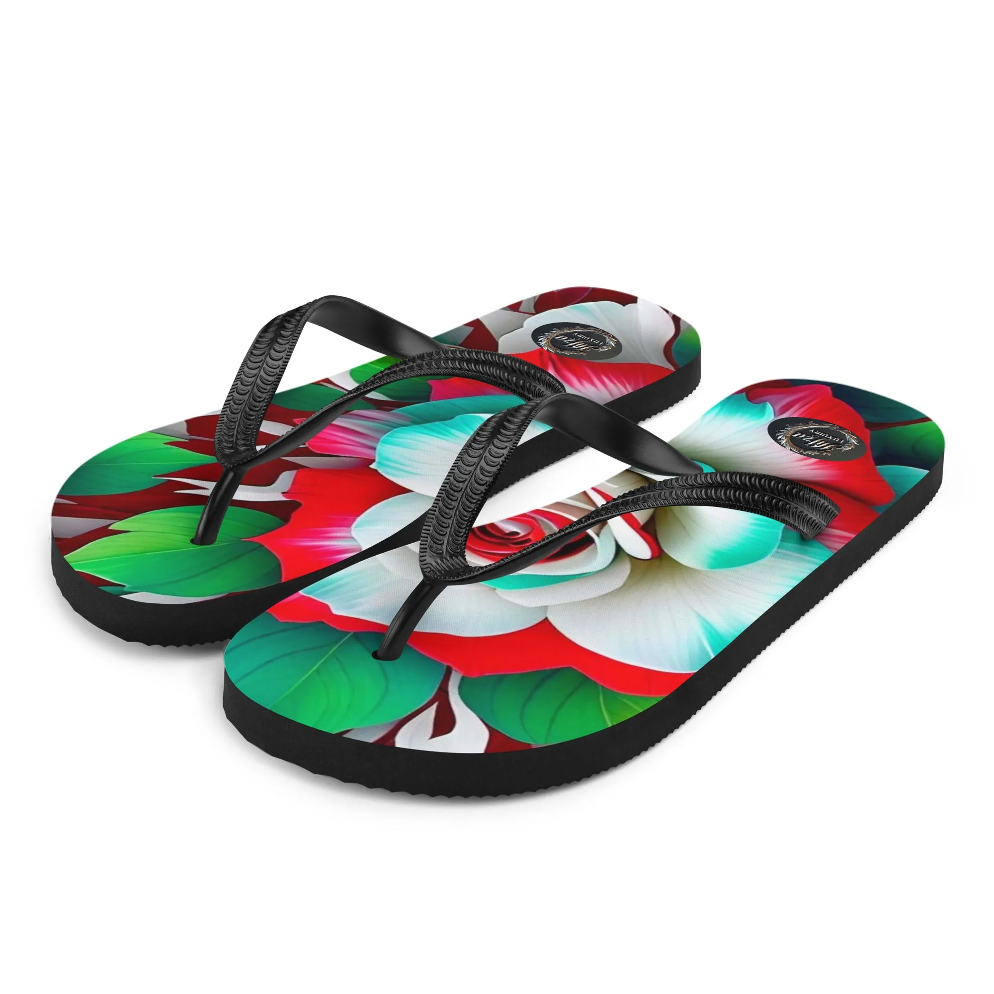 Pink rose and green leaf design Flip-Flops