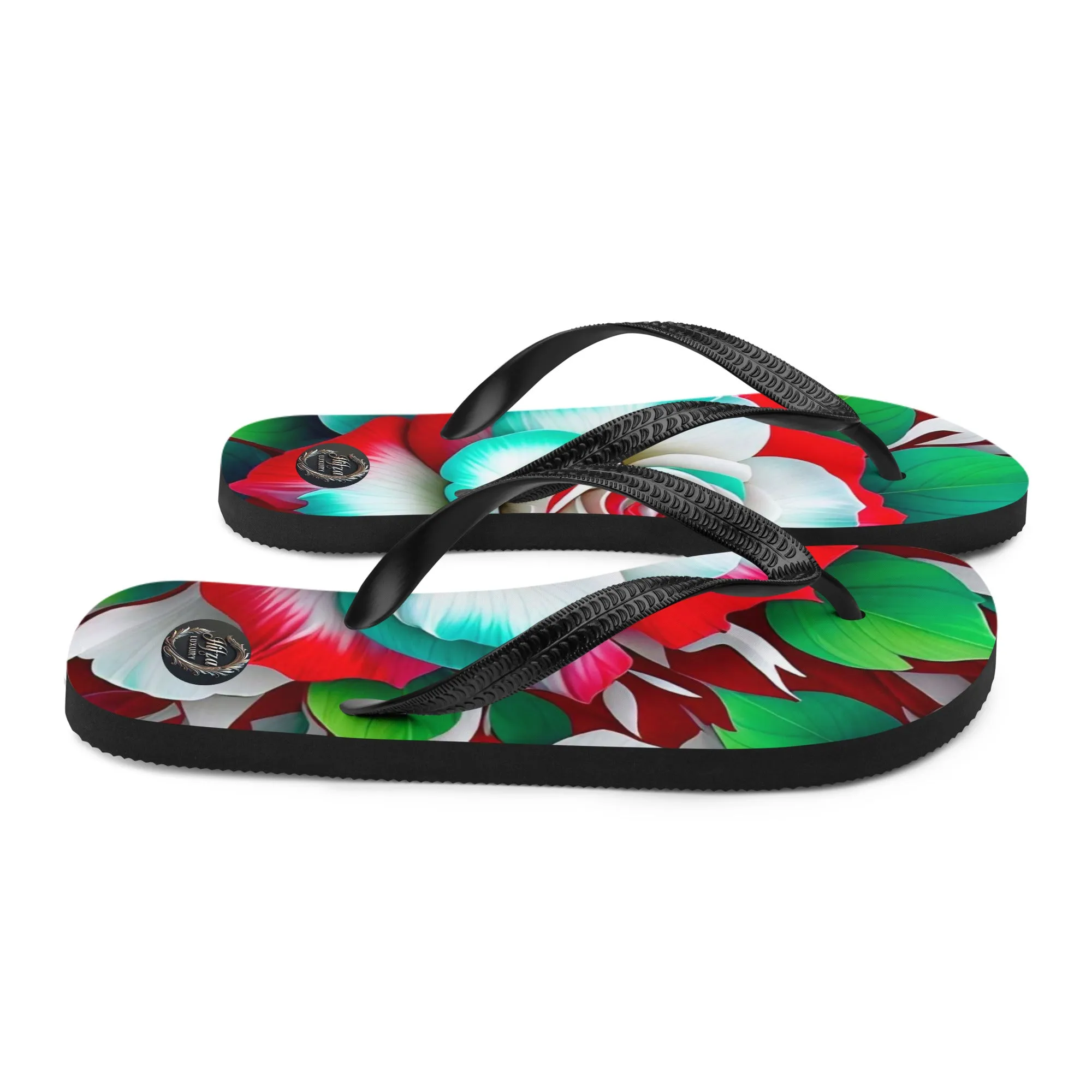 Pink rose and green leaf design Flip-Flops