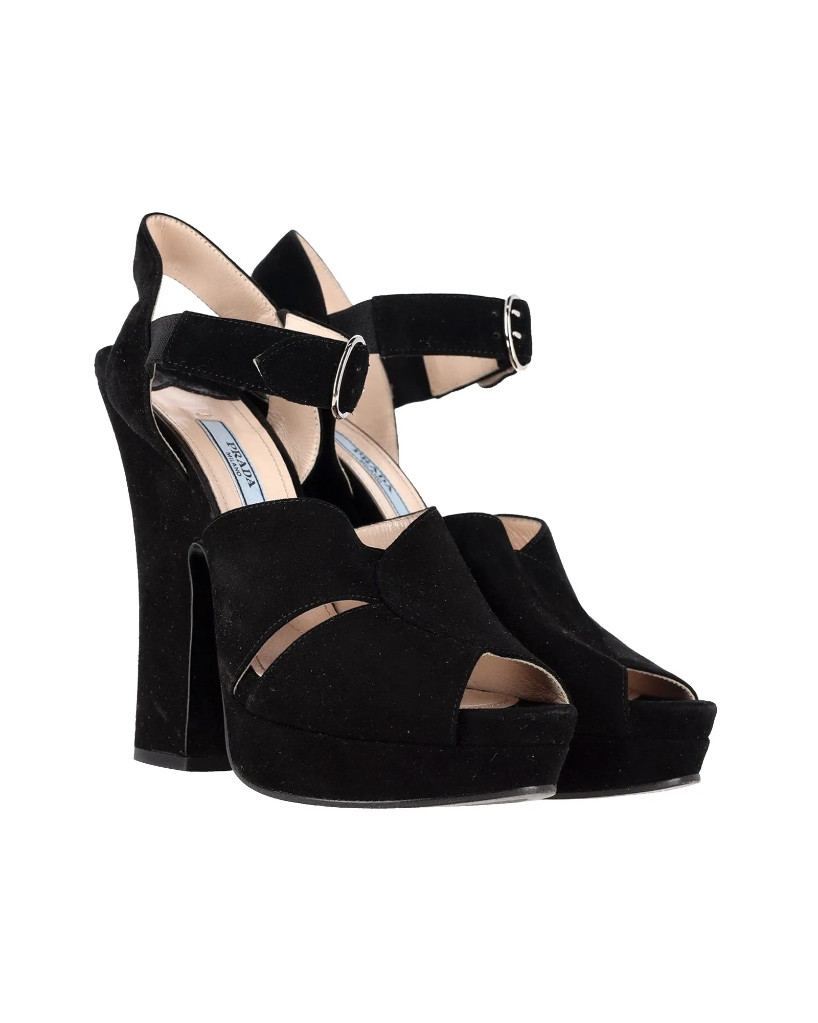 Prada Peep-Toe Platform Sandals in Black Suede