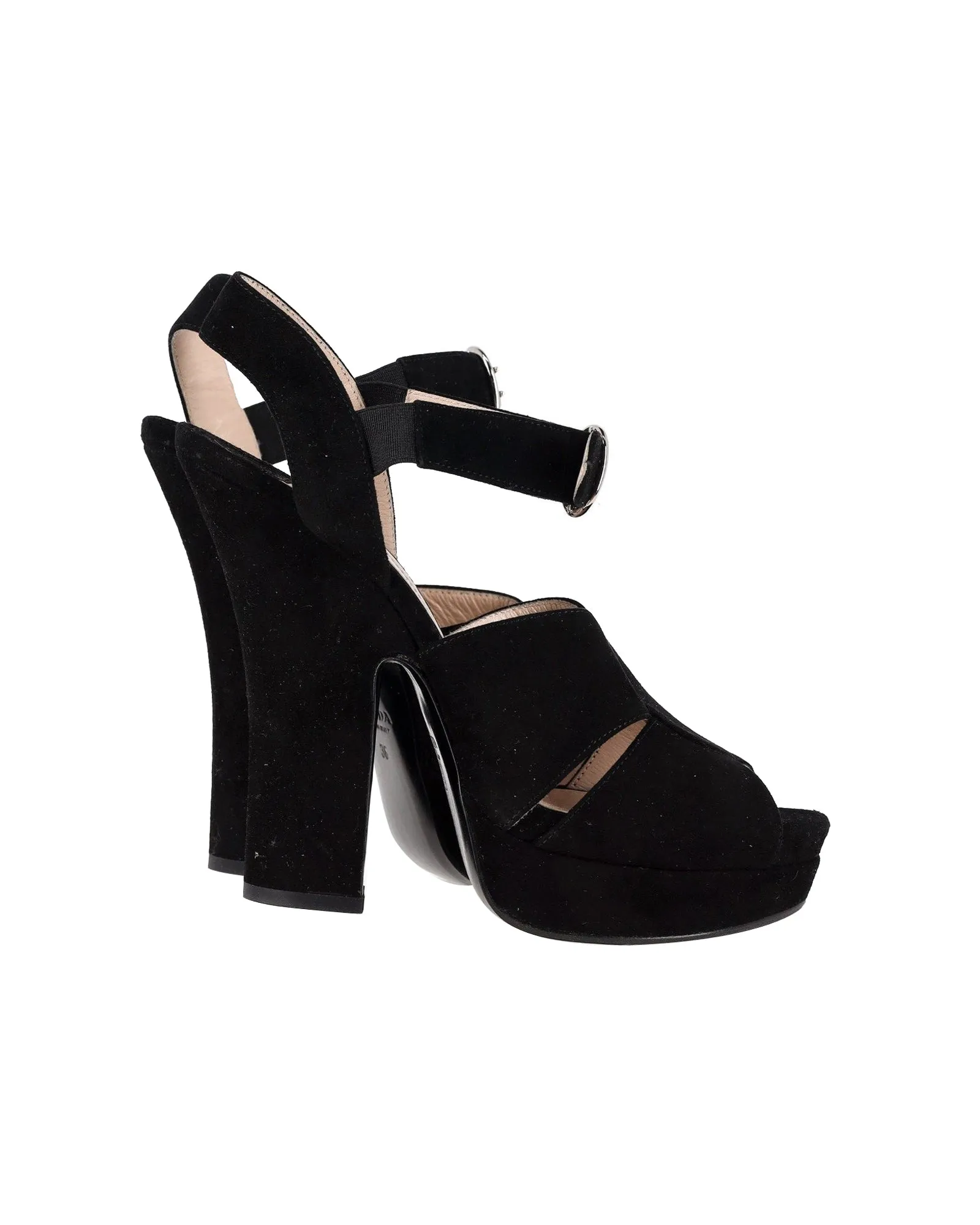 Prada Peep-Toe Platform Sandals in Black Suede