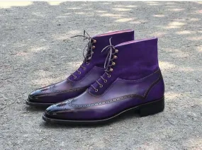 Stylish Handmade Leather & Suede Wing Tip Brogue Boots, Men's Purple Color Lace Up Boots