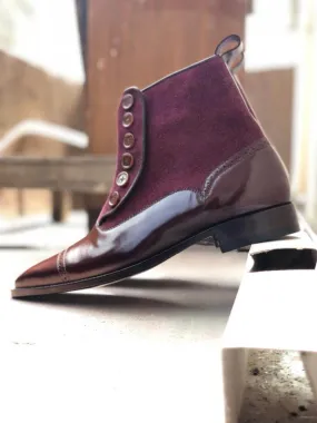 Stylish Men's Handmade Brown & Purple Leather & Suede Boots, Men Casual Ankle High Boots