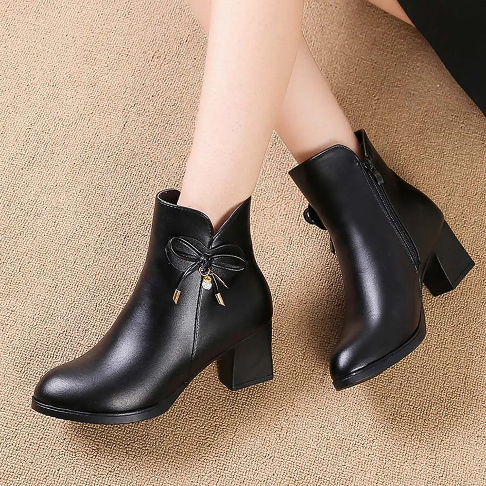 Women's Autumn/Winter PU Leather Heeled Ankle Boots With Decorative Bow