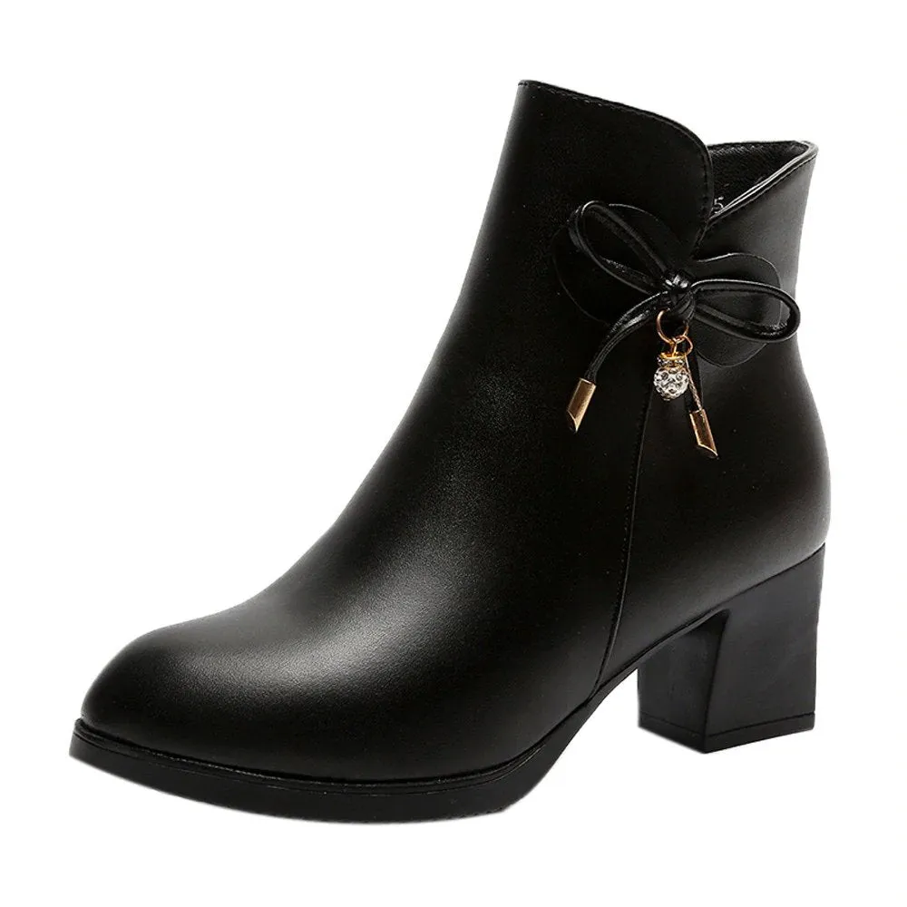 Women's Autumn/Winter PU Leather Heeled Ankle Boots With Decorative Bow