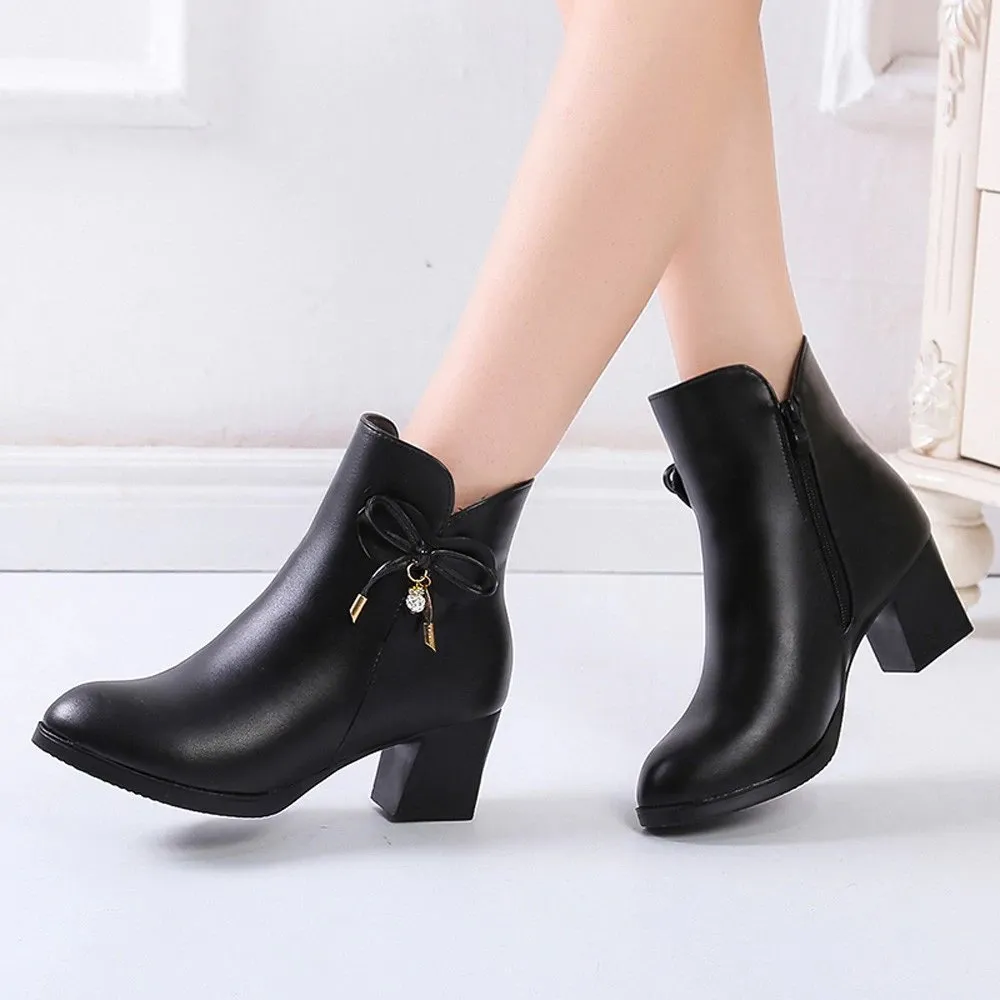 Women's Autumn/Winter PU Leather Heeled Ankle Boots With Decorative Bow