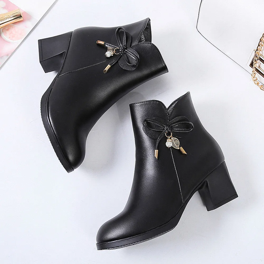 Women's Autumn/Winter PU Leather Heeled Ankle Boots With Decorative Bow