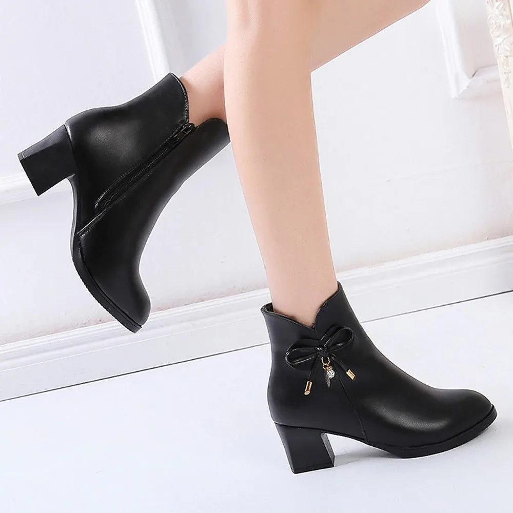 Women's Autumn/Winter PU Leather Heeled Ankle Boots With Decorative Bow