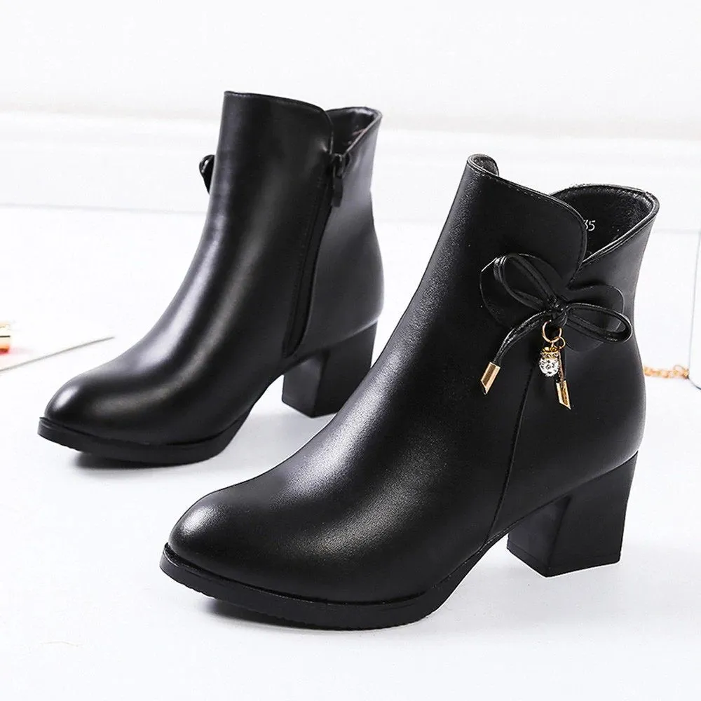 Women's Autumn/Winter PU Leather Heeled Ankle Boots With Decorative Bow