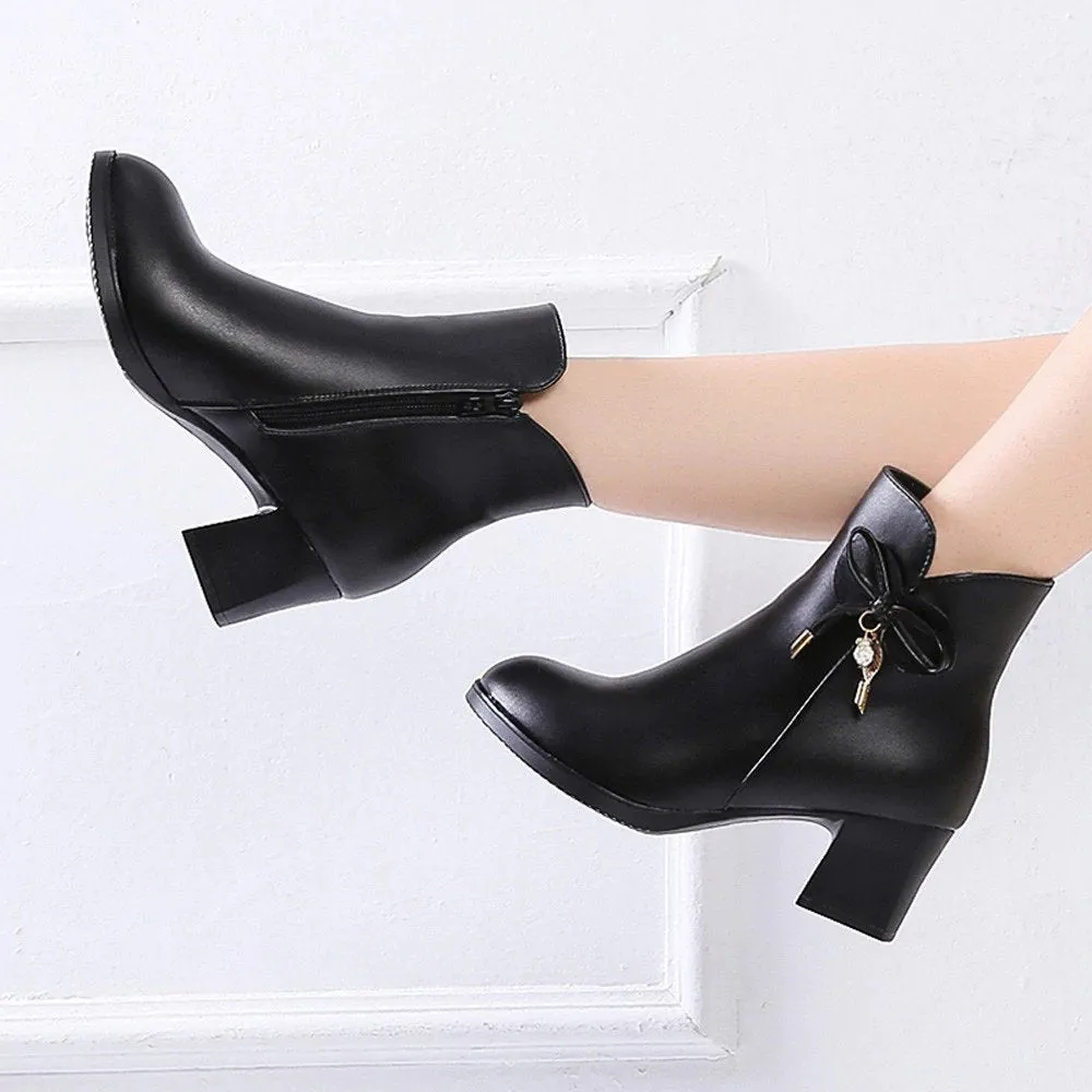 Women's Autumn/Winter PU Leather Heeled Ankle Boots With Decorative Bow