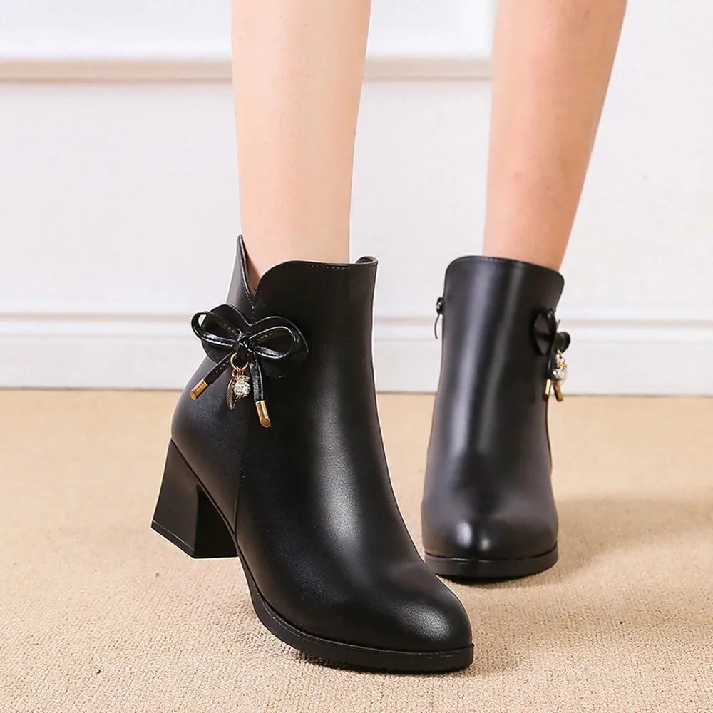 Women's Autumn/Winter PU Leather Heeled Ankle Boots With Decorative Bow