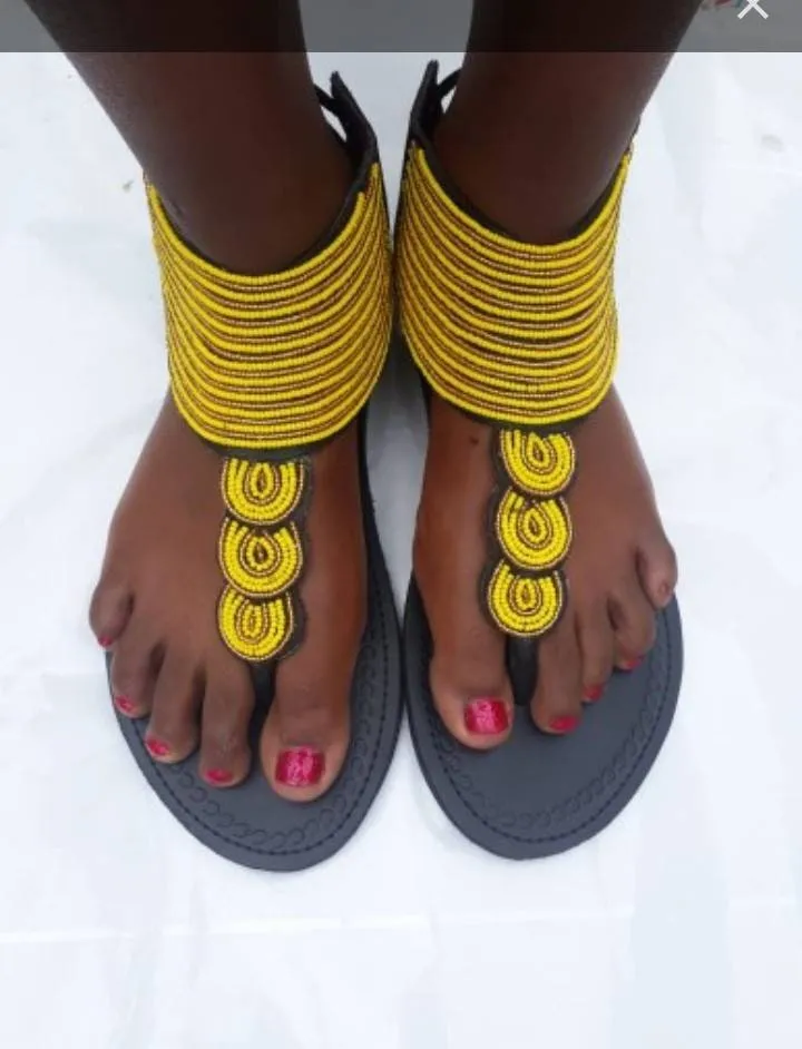 Yellow beaded handmade ankle length masai maasai maasai gladiator sandals made in Kenya with free shipping